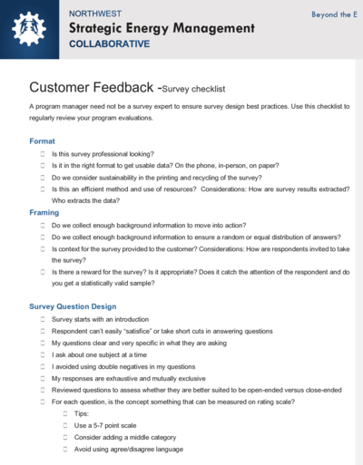 Page one of the NW SEM Collaborative's Customer Feedback survey checklist